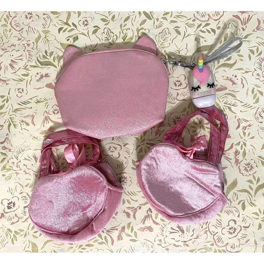 Lot Of 3 Girls Purses 1 Pink Glitter Cat Clutch w/Sanitizer 2 Shiny Plush Purses